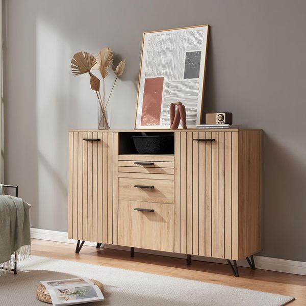 Credenza 'Noppen' Con 3 Ante E 2 Cassetti 100 X 150 X 38 Cm Effetto Rovere-image