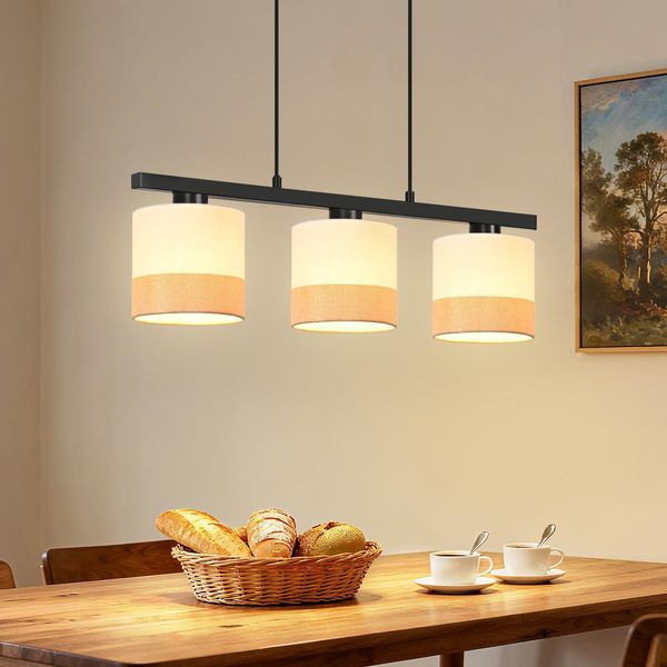 Zmh Tavolo Da Pranzo Luce A Sospensione 3 Fiamme Vintage Lampada A Sospensione Paralume In Tessuto Bianco Tavolo Da Pranzo Lampada A Sospensione Regolabile In Altezza E27 Sala Da Pranzo (Senza Lampadina)-image