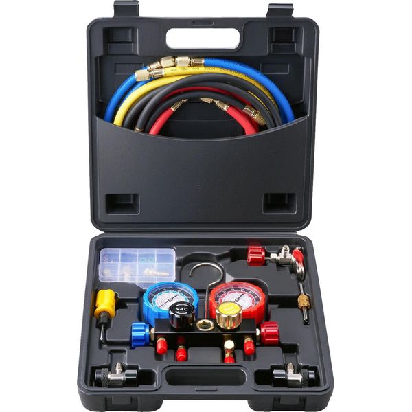Set Manometro Per Climatizzatori, Tubi Flessibili Da 5 Piedi, Compatibile Con Refrigeranti R134A/R22/R12/R410A, Pressione Nominale 800 Psi, Pressione Di Scoppio 4000 Psi, Calibrazione ±1,6% Di Precisione-image