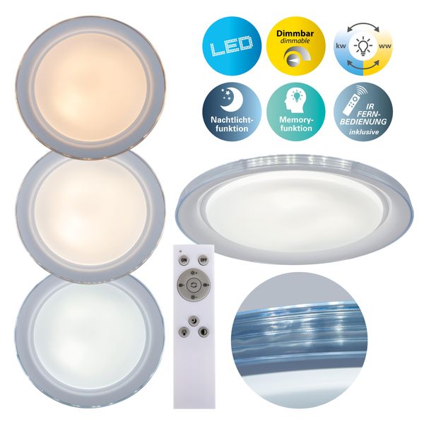 NÄVe Led Deckenleuchte "Claire", Weiß, 1, Ø 50,5Cm H: 7,5Cm, 1 Stk., Leuchten, Cct, Memory, Nachtlicht, Dimmbar Per Infrarot-Fernbedienung Inkl., Led Deckenleuchte-image