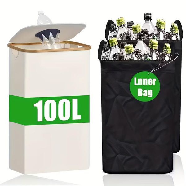100L Deposito Per Bottiglie Con Coperchio, Include 2 Tasche Interne Riutilizzabili, Per Cucina/Ufficio/Esterno, Grande Contenitore Raccogli Bottiglie, Bianco Crema.-image