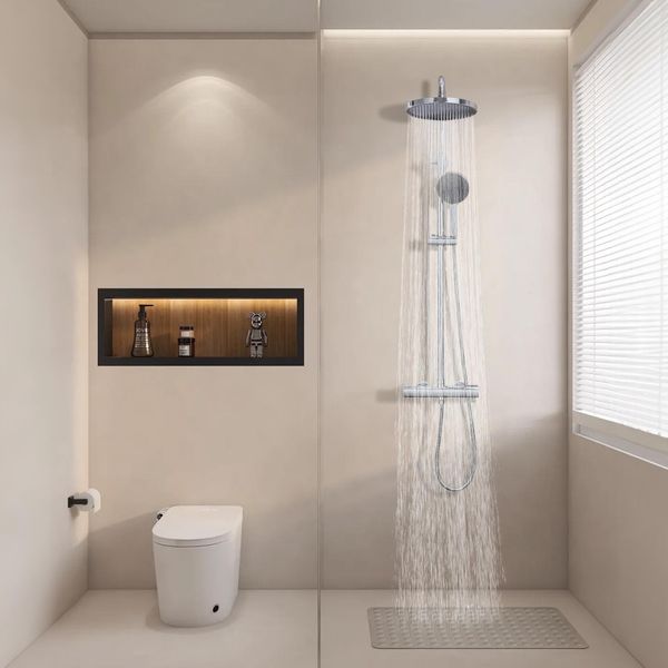 Sistema Doccia Con Soffione Termostatico, Set Doccia Con Soffione A Pioggia, Soffione Doccia Con Termostato 40°C E Scarico Acqua Nascosto, Asta-image