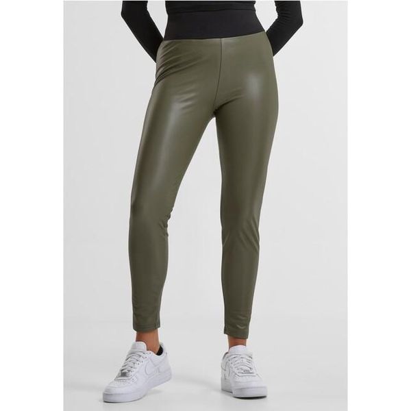 DáMské Leginy Urban Classics Donna Leggings A Vita Alta In Ecopelle Oliva - 4XL-image
