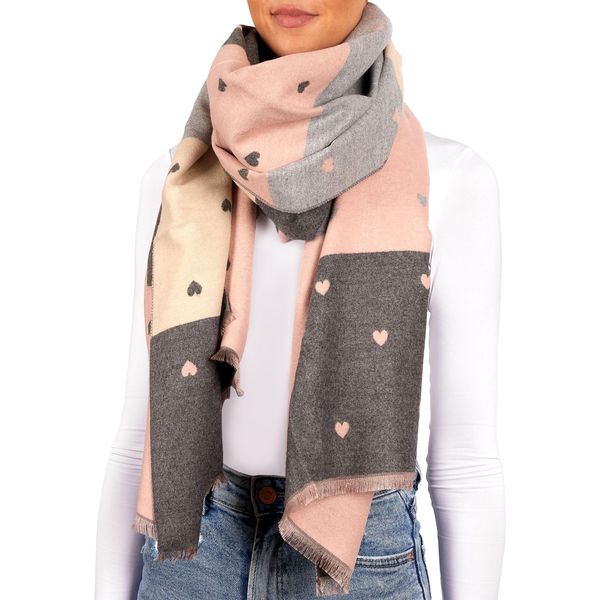 Brubaker Cashmirillo Sciarpa Da Donna Con Motivo A Cuore - 70 X 200 Cm - Calda, Accogliente E Oversize - Sciarpa Invernale In Lana, Rosa Grigio E Beige-image