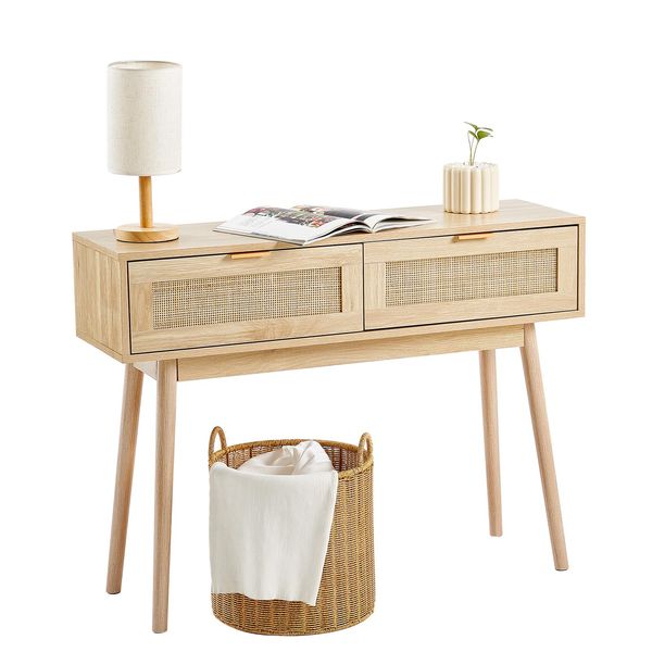 Consolle In Rattan Vevor Con 2 Cassetti, Tavolo Da Ingresso In Rattan Con Anta Scorrevole In Rattan Naturale, Consolle Per Soggiorno, Studio, Ingresso O Parete Tv, Natura-image