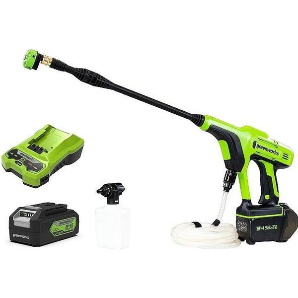 Idropulitrice Greenworks Con Batteria G24PWK4 (Motore Agli Ioni Di Litio Da 24 V E 300 W Di Potenza, Pressione Di 24 Bar E Portata Di 180 L/H, Ugello A 5 Getti E Tubo Flessibile Da 6 M, Batteria Da 4 Ah E Caricabatterie Inclusi)-image