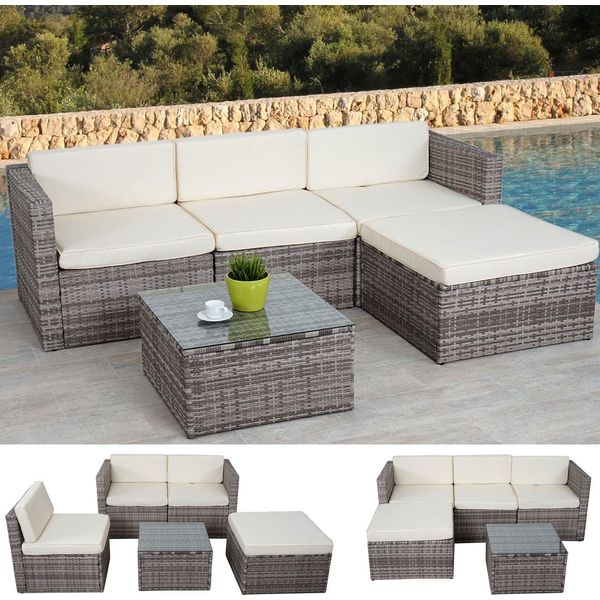 Set In Poly-Rattan HWC-D28, Set Divano Da Giardino ~ Grigio, Rivestimento Crema Senza Cuscini Decorativi/Copertura-image