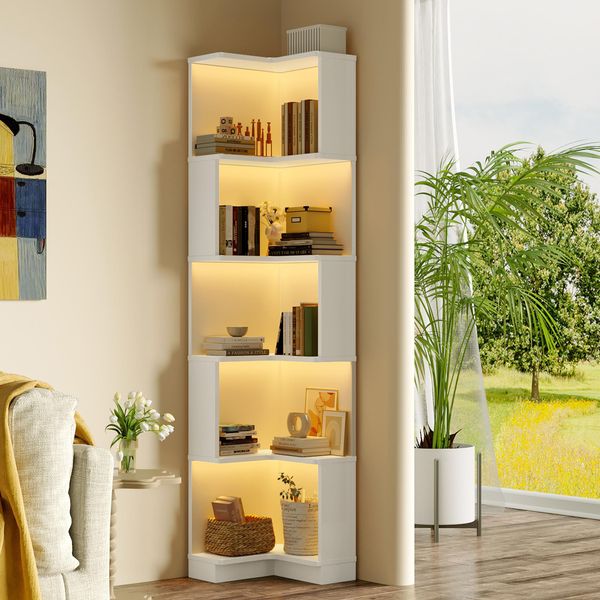 Merax Libreria Angolare, Con Striscia Luminosa A Led, Libreria A L A 5 Livelli, Mobile Da Bagno, Per Soggiorno Camera Da Letto Ufficio, Bianco-image