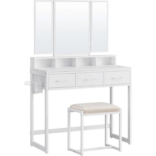 Vasagle, Tavolino Da Toilette Con Sgabello Imbottito, Tavolino Da Toilette Con Triplo Specchio, 3 Cassetti, Porta Asciugacapelli, Tavolino Per Cosmetici, Design Moderno-image