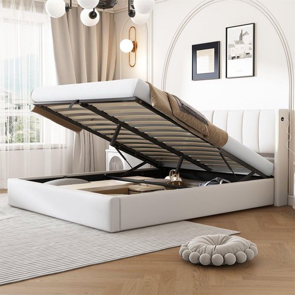 Letto Imbottito Sweiko 140 X 200 Cm, Letto Idraulico, Con Illuminazione Led, Con Vano Contenitore, Testata Regolabile, Pu, Bianco-image