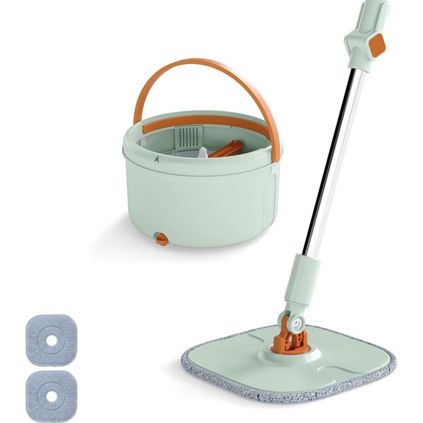 Costway Mop+Sistema Di Secchi 4L, Mop Per Pavimenti Piatti Con Strizzatore, Testa Girevole A 360°, Sistema Di Separazione E 2 Panni In Microfibra, Sistema Di Pulizia Dei Pavimenti Verde-image