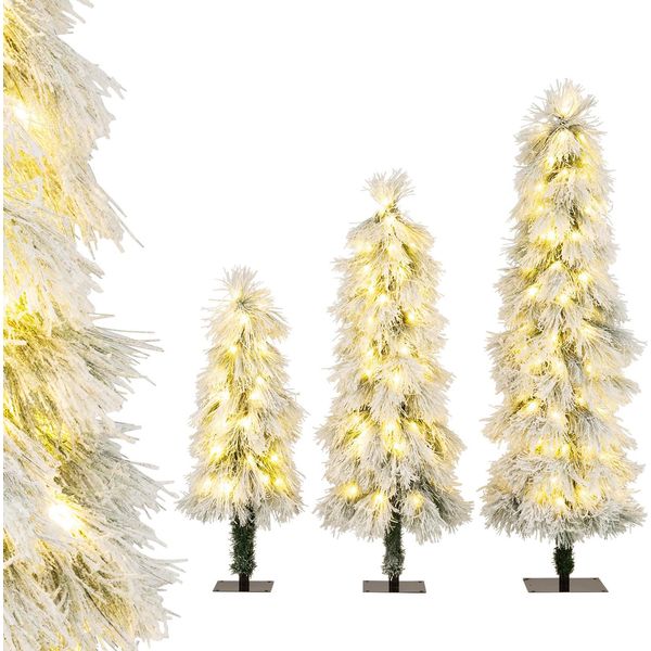 Costway Set Di 3 Alberi Di Natale Artificiali 90/120/150Cm, Albero Di Natale Con Neve E Luci Led Bianco Caldo, Albero Di Natale Albero Artificiale Bianco Di Natale-image