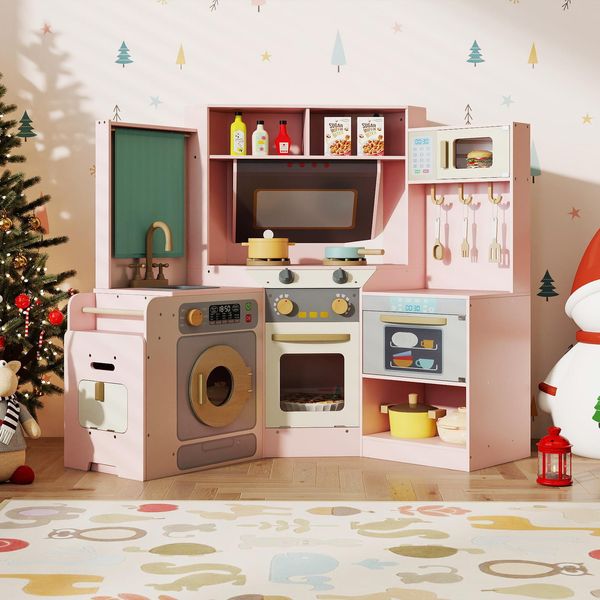 Cucina Per Bambini Costway, Cucina Ad Angolo Con Accessori Da Cucina, Lavello, Fornello, Microonde, Forno, Cestino, Luci E Suoni, Cucina Giocattolo In Legno Per Bambini 3+Rosa-image