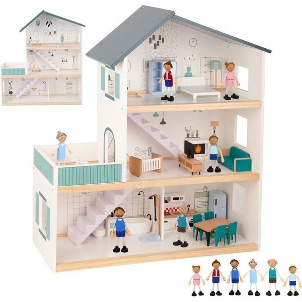 Tooky Toy Grande Casa Delle Bambole In Legno + Figure-image