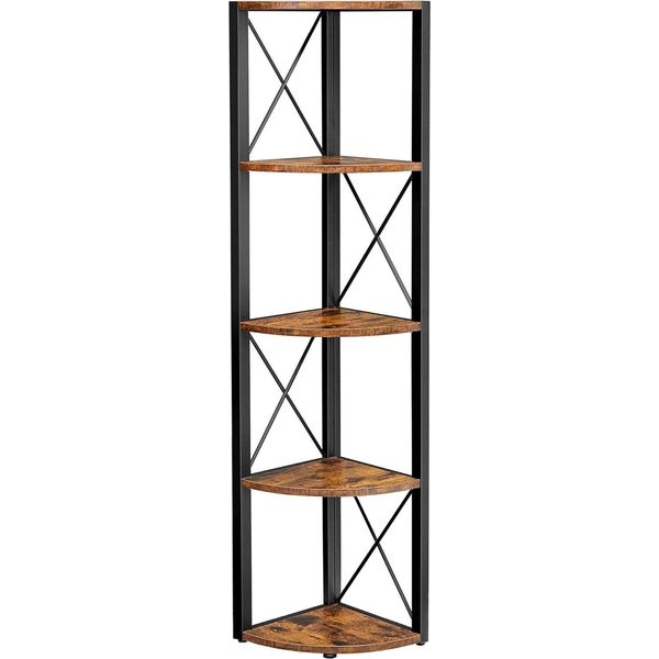 Vasagle Libreria A 5 Livelli, Scaffale Angolare, Scaffale In Piedi, Scaffale Portaoggetti, Per Soggiorno, Bagno, Cucina, Corridoio, Facile Da Montare, Vintage Marrone-Nero-image