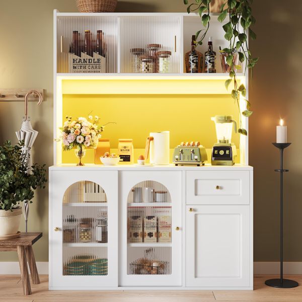 Mobile Da Cucina Sweiko, Mobile Alto, Vetrina, Mobile Buffet Con Ripiani Regolabili, Mobile Per Sala Da Pranzo, Credenza Con Illuminazione Led, Bianco-image