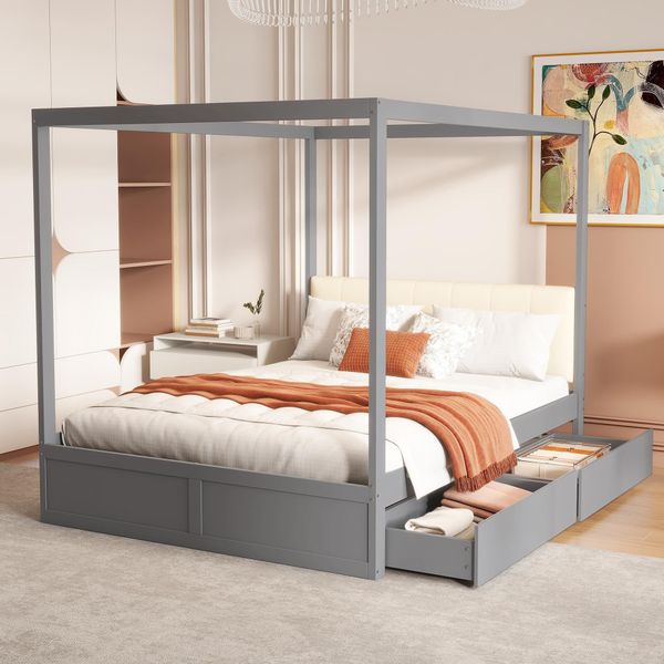 Fortuna Lai Letto A Baldacchino 140*200 Cm Con Ampi Cassetti E Morbido Schienale, Letto In Legno Grigio-image