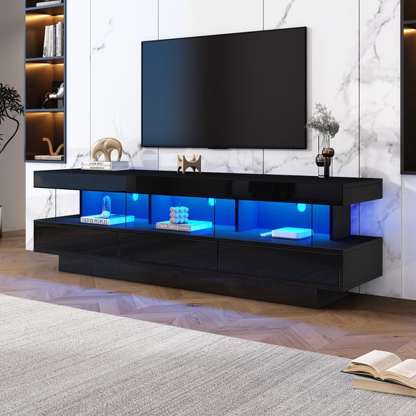 Supporto Tv Sweiko 160X38X50,5 Cm Nero Lucido Con 3 Ripiani In Vetro, Illuminazione Led, Controllo Tramite App, Connettività Bluetooth Per Tv Da 70 Pollici, Supporto Tv In Vetro Lucido, Supporto Tv Intelligente-image