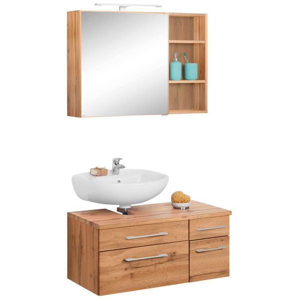 BadmöBel-Set Welltime "Davos", Braun (Eichefarben), Siphonausschnitt Links, Holzwerkstoff, KastenmöBel-Sets, BadmöBel-Set, Spiegelschrank, Regal Und Waschbeckenunterschrank-image