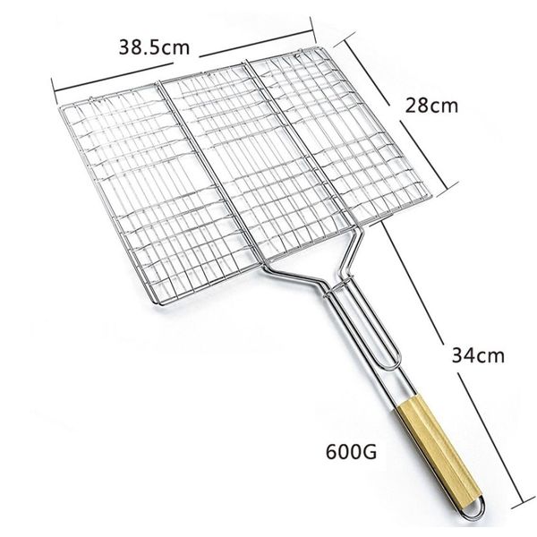 3 X Portavivande Per Barbecue Con Manico In Legno | Cestino Per Grigliate Di Pesce, Verdure, Bistecche, Scampi E Cotolette | Griglia In Metallo 38,5 X 28 Cm | Cestino Per Verdure, Hamburger, Girarrosto | Cestino Per Grigliate | Griglia Per Barbecue-image