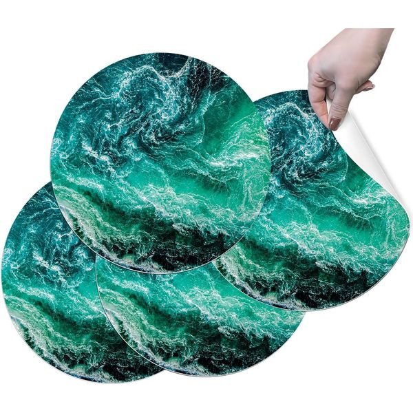 Hubdeco Tovagliette Protettive Durevoli Per Il Tavolo Da Pranzo - Set Di 4 Tovagliette In Vinile Lavabili - Tovagliette Per La Cucina - Tovaglietta - Tovagliette Lavabili - 36 X 36 Cm - Onde Di Mare Marmo-image