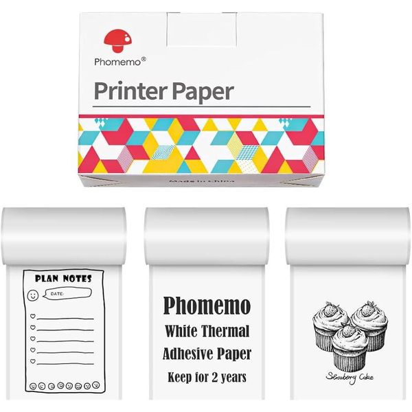 Phomemo T02 Carta Termica Autoadesiva Bianca - 2 Anni Di Adesivo 50Mm X 3,5M, Diario, Foto, Testi, Appunti Di Studio, Agende E Altro, 3 Rotoli-image