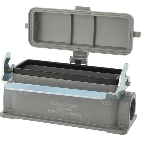 04300241295 Harting Han 24B Custodia Bassa, Uscita Cavi Laterale 2Xpg21, Con 1 Staffa Longitudinale Con Cappuccio Di Protezione-image