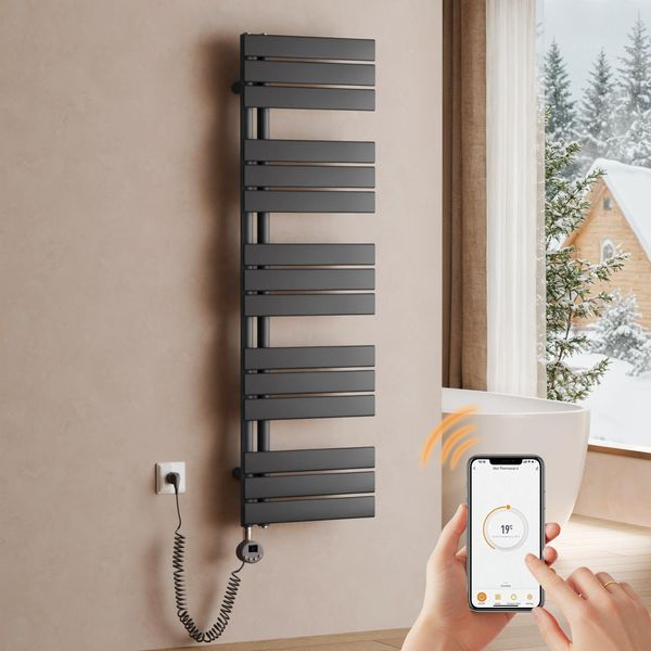 S'afielina Radiatore Elettrico Per Asciugamani 1320×400 Mm, Radiatore Elettrico Per Bagno Con Termostato, Wifi, Timer Programmabile, Display Lcd, 600 W, Antracite-image