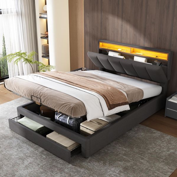 Letto Imbottito Flieks 140X200Cm Con 2 Cassetti, Letto A Molle Idrauliche Con Rete A Doghe, Letto Contenitore Con Led, Letto Matrimoniale Per Ragazzi, Biancheria, Grigio-image