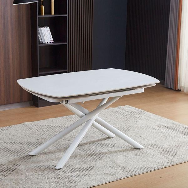 Tavolo Girevole Allungabile Piano Ceramica Effetto Marmo Bianco Opaco Astrid 140X90X76H-image