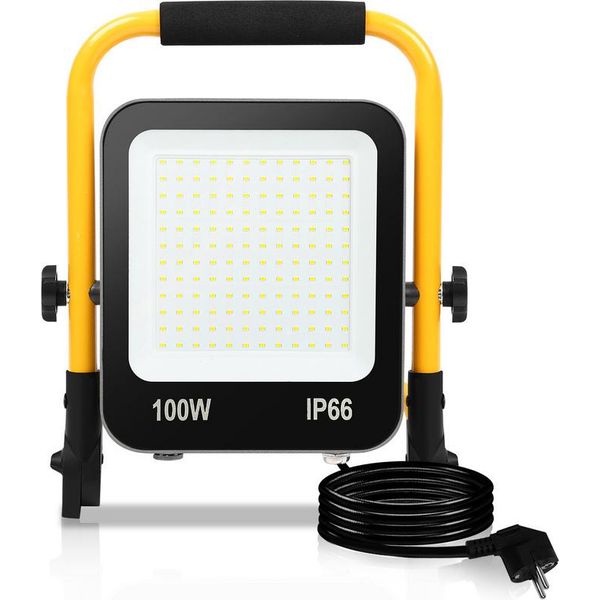 Yakimz Proiettore Treppiede Led Proiettore 100W Bianco Freddo Giallo Faretto Da Costruzione Treppiede Proiettore Da Costruzione Lampada Da Esterno Interno Giardino Garage-image