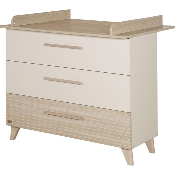 Fasciatoio Sidney In Legno Di Roba Con Piano Fasciatoio Rimovibile - Fasciatoio Con 3 Cassetti, Piedini E Maniglie In Legno Massello - Beige / Rovere-image