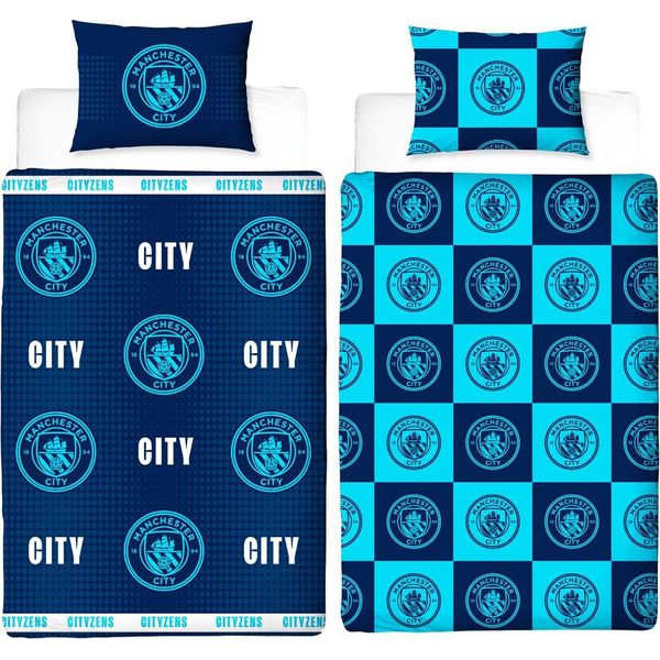 Manchester City Fc - Biancheria Da Letto Crest, Reversibile TC185 (Letto Matrimoniale) (Blu Scuro/Blu)-image