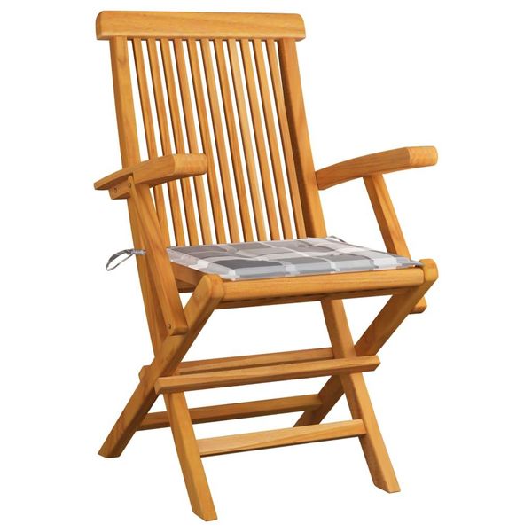 Vidaxl Sedie Da Giardino Cuscini A Quadri Grigi 6 Pz. Legno Massiccio Di Teak-image