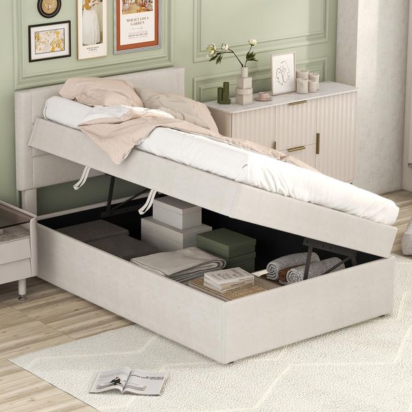 Letto Imbottito Merax 90X200Cm Con Rete A Doghe In Metallo, Ampio Spazio Di Archiviazione, Letto Singolo, Letto Per Ragazzi, Beige-image