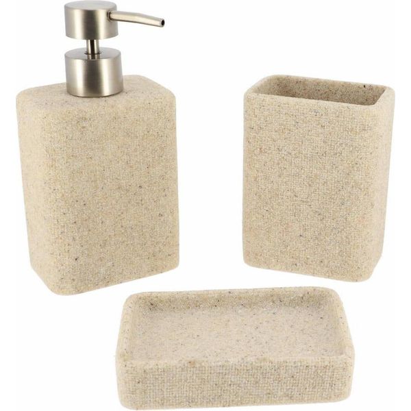 Set Di Accessori Da Bagno Tendance 3 Pezzi Dispenser Di Sapone Portaspazzolino Tumbler Beige In Poliresina 8,8X6X17 Cm-image