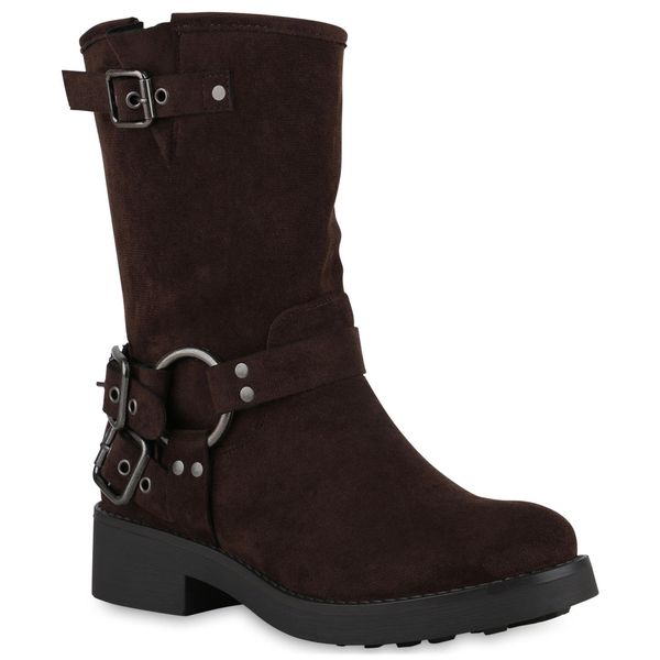Van Hill Donna Stivali Biker Leggermente Foderati Fibbie Rivetti Scarpe 840847, Colore: Marrone, Taglia: 38-image