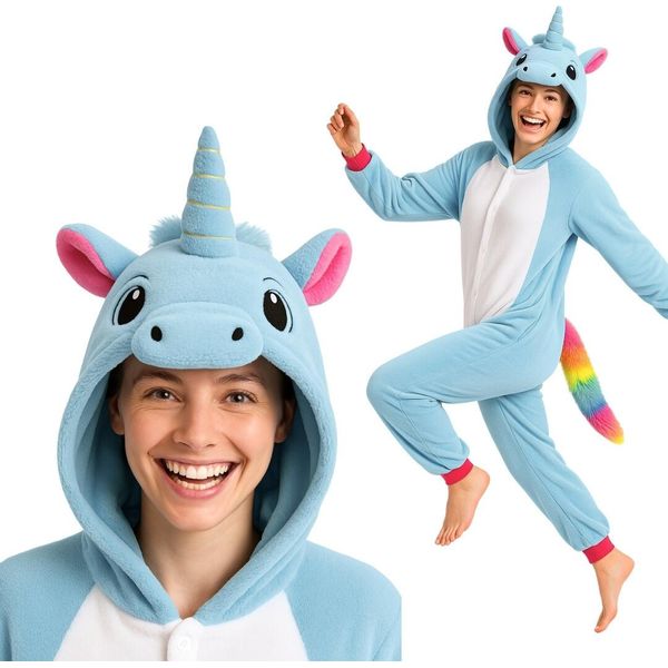 Pigiama Onesie Kigurumi Costume Azzurro Unicorno L: 165-175Cm-image