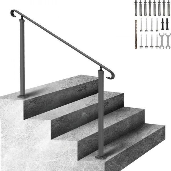 Ringhiera Regolabile - Corrimano 140X13,5X97Cm - Ringhiera Con Altezza (Fino A 48Cm) E Angolo (0-52,8°) - Nero - Ideale Per Scale A 2 O 3 Gradini - Kit Di Installazione Incluso-image
