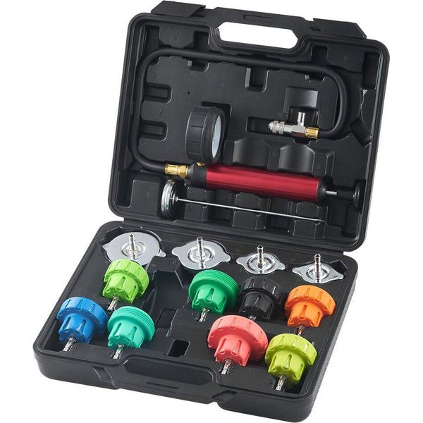 Set Di Tester Per La Pressione Del Liquido Di Raffreddamento Del Radiatore - 14 Pezzi - Dispositivo Di Spremitura, Tester Di Spremitura - Dispositivo Di Riempimento Del Liquido Di Raffreddamento - Dispositivo Di Spurgo Del Radiatore - Tester Del Sistema Di Raffreddamento Con Termometro - 4 Adattatori In Metallo E 8 Tappi Di Prova-image