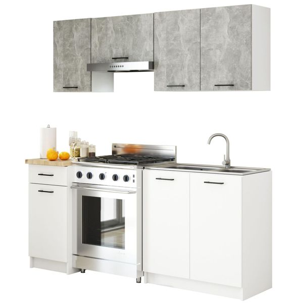 Set Cucina: Un Cassetto, Sette Ante, Otto Ripiani, Colore: Cemento | Bianco, Dimensioni Mobili: L: 180 Cm, A: 203 Cm, P: 46 Cm-image