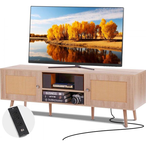 Porta Tv In Rattan 165 Cm - Mobile Tv Boho - Mobile Tv In Rovere - Mobile Tv Per Soggiorno-image