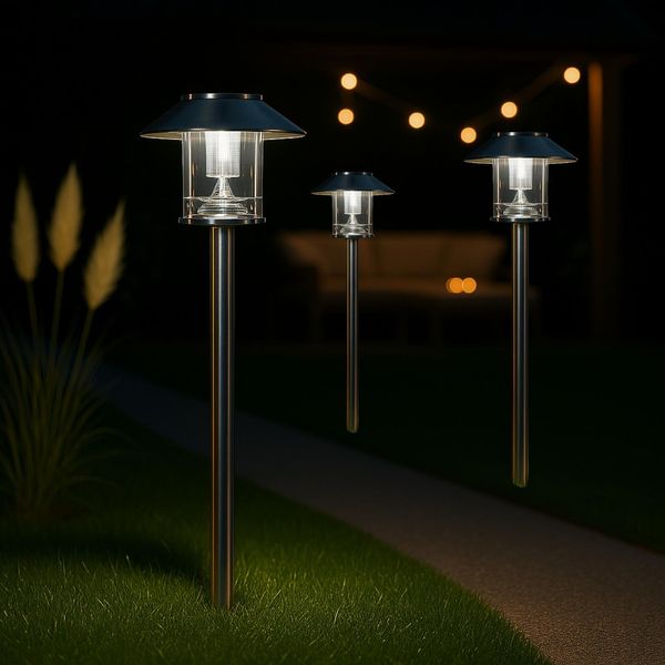 Set Di 3 Lampade Solari Da Giardino Melitec Led, Luce Solare Da Esterno, Illuminazione Da Esterno, Illuminazione Solare Di Sentieri Fino A 8 Ore, In Acciaio Inox, SO26-image