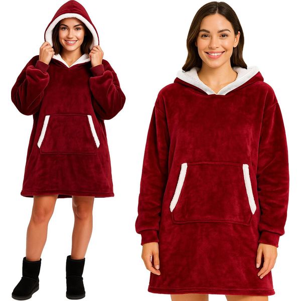 Ruhhy Hoodie Blanket Coperta Con Cappuccio Oversize Indossabile Con Cappuccio E Tasca A Canguro, Fodera In Sherpa, Calda E Morbida Taglia Unica Per Donna E Uomo Rosso 26145-image