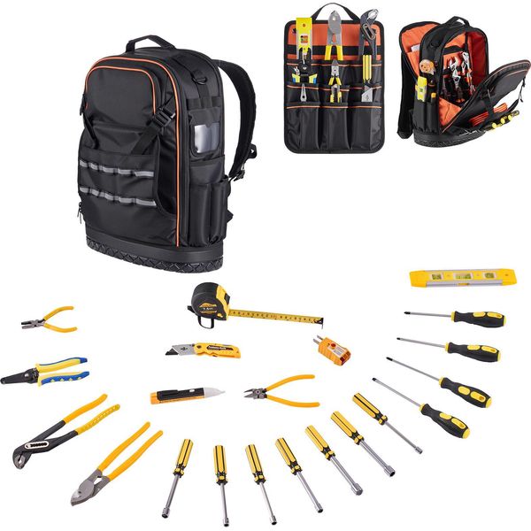 Succebuy Zaino Porta Attrezzi Con 65 Tasche, Incluso Set Di Attrezzi Da 21 Pezzi, Zaino Con Scomparto Per Laptop, Ideale Per Elettricisti, Tecnici E Specialisti In Tecnologia Di Riscaldamento, Ventilazione E Condizionamento Dell'aria-image