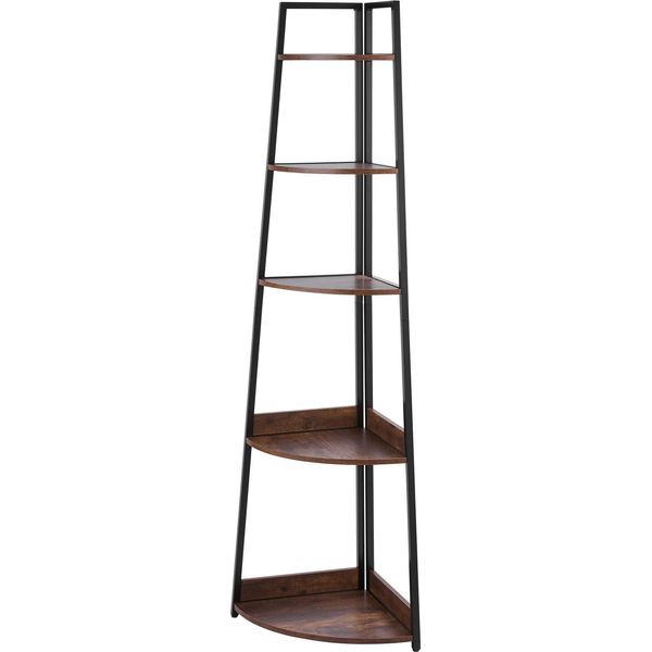 Succebuy Scaffale Angolare A 5 Livelli, Scaffale Salvaspazio Per Piante, Scaffale Di Stoccaggio Ed Esposizione Con Robusta Struttura In Metallo E Ripiani In Legno, Versatile Scaffale In Piedi Per Camera Da Letto, Soggiorno O Ufficio In Marrone-image
