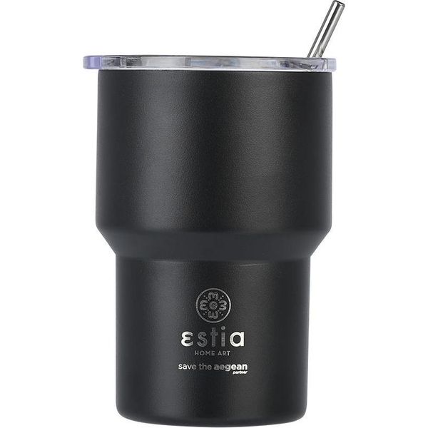 Estia | Tazza Sottovuoto - 400 Ml - Tazza Termica Nera - Con Cannuccia E Coperchio A Tenuta Stagna-image