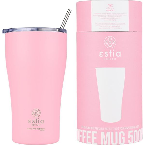 Estia | Thermo Mug - 350 Ml - Tazza Isolata Di Colore Rosa - Con Coperchio A Tenuta E Cannuccia-image