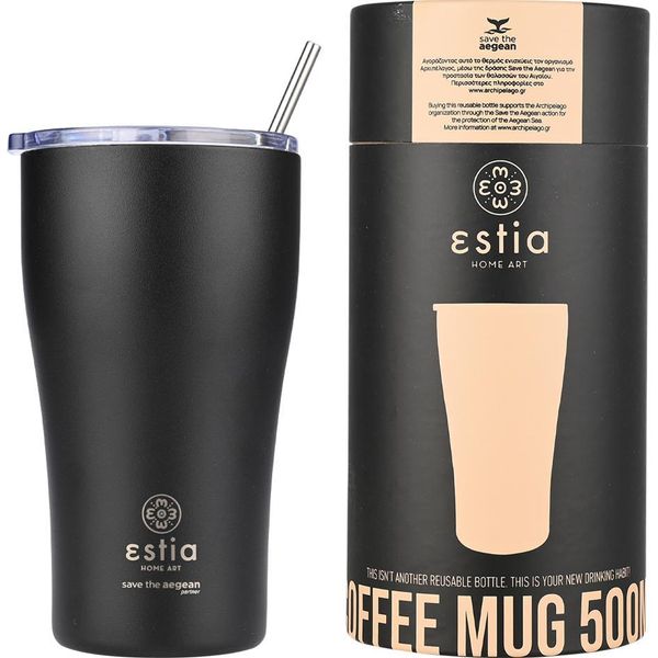 Estia | Thermo Mug - 350 Ml - Tazza Nera Sottovuoto - Con Cannuccia E Coperchio A Tenuta Stagna-image