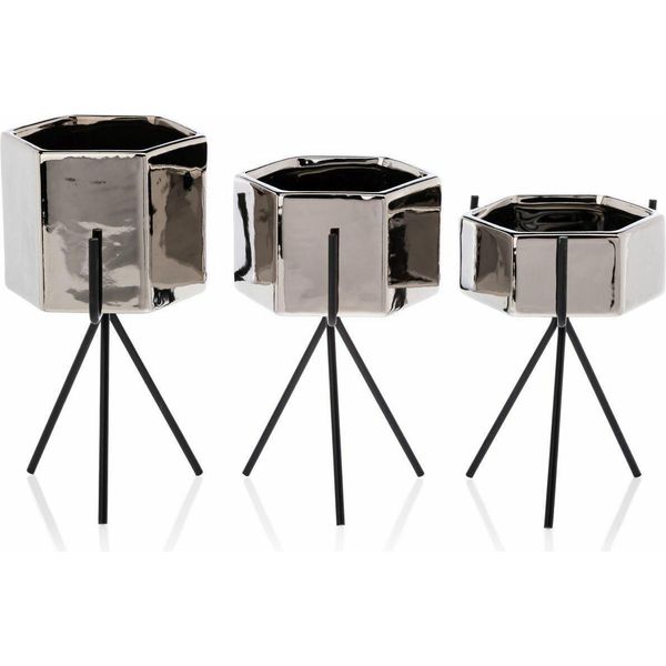 Howhomely | Set Di Fioriere - Sashi - 3 Dimensioni - Argento - Elegante Ceramica Con Supporto In Metallo - Vasi Da Fiori-image